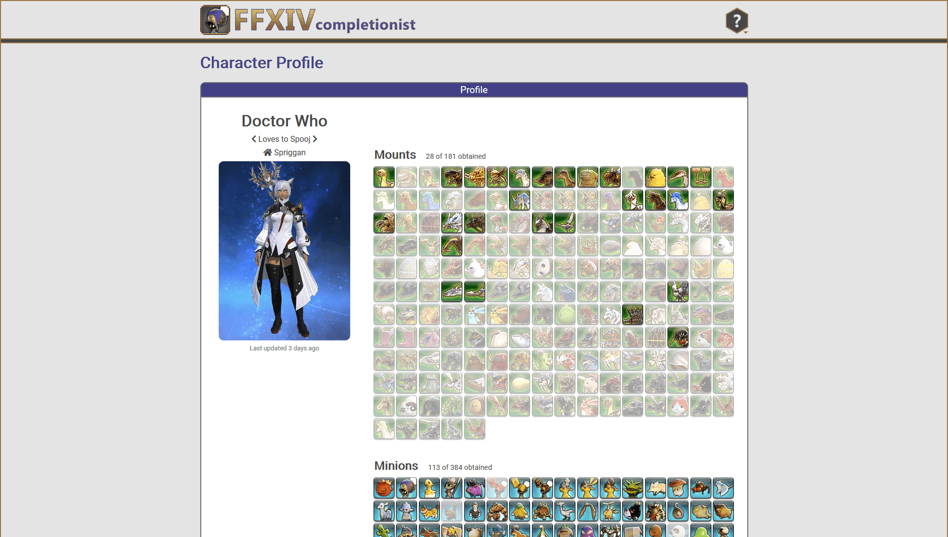 Dashboard page for FFXIV Completionist